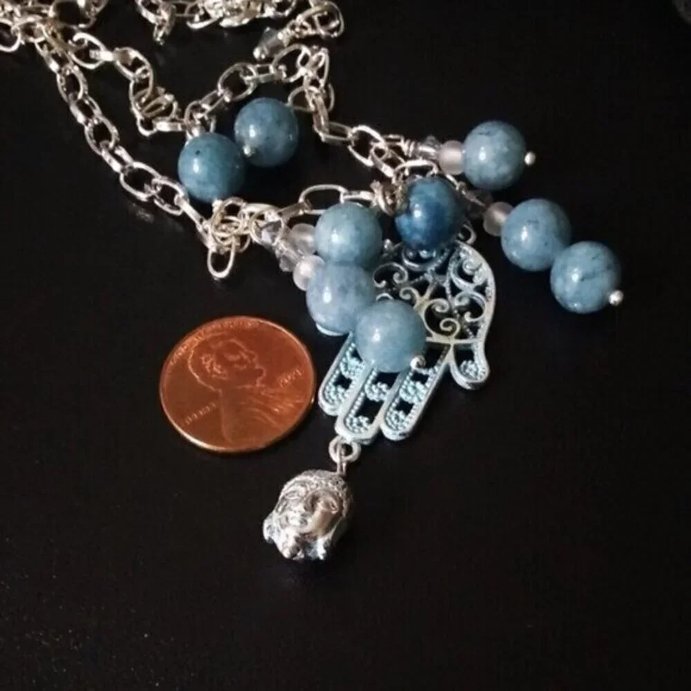 Boho Blue Agate & Patina Painted Hamsa Hand + Buddha - 20